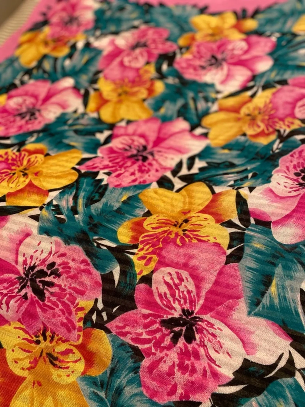 Vibrant Pink and Yellow Tropical Flowers Cotton Scarf 32x32 - Picture 2 of 3